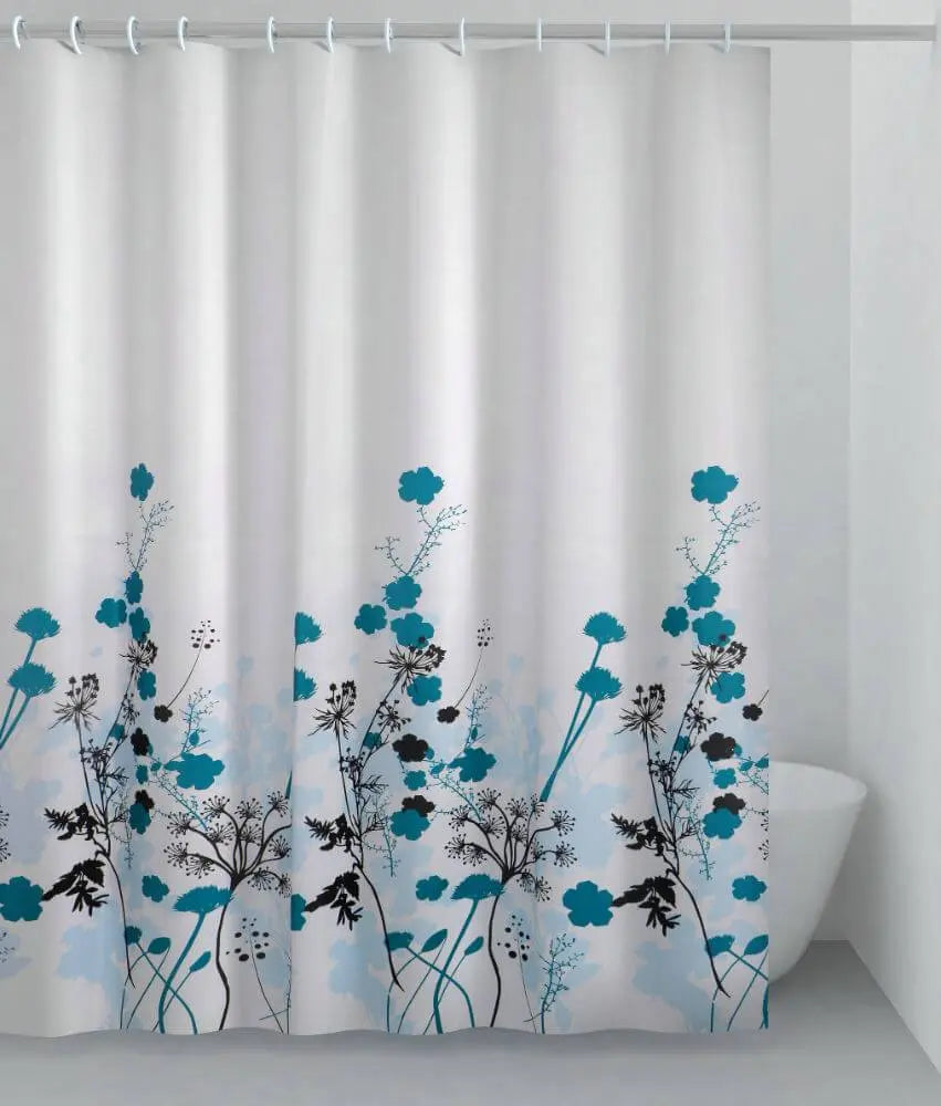 Badeforhæng i hvidt med blå blomst