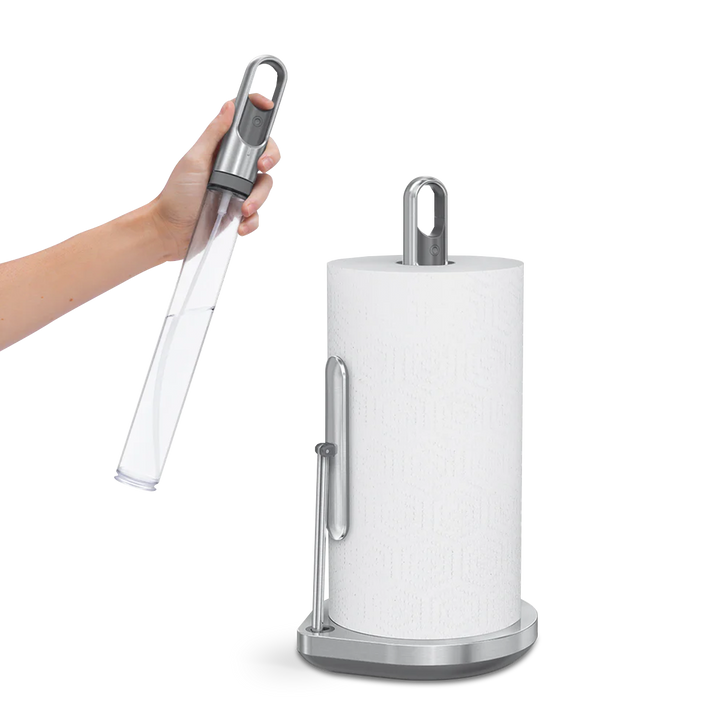Mål og dimensioner for simplehuman køkkenrulleholder med sprayflaske - børstet stål