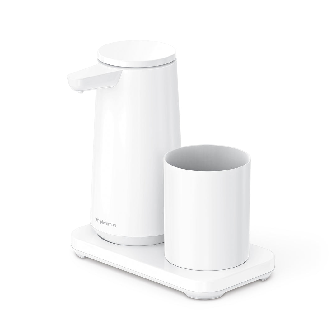sensor skumsæbedispenser med holder og tandbørstekrus med åbent låg - simplehuman børstet stål