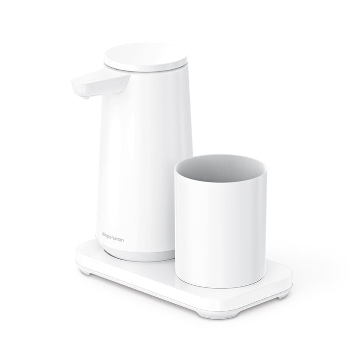 sensor skumsæbedispenser med holder og tandbørstekrus med åbent låg - simplehuman børstet stål