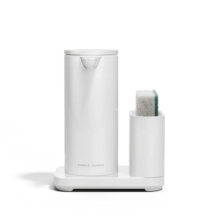 Hvid automatisk sæbedispenser fra Simlpehuman med holder til svamp